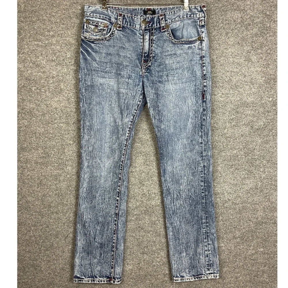 True Religion Ricky Relaxed Straight Jeans Mens 36 Blue Excellent Acid Wash